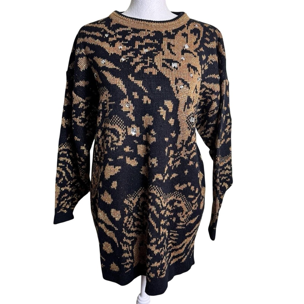 Vtg 80s Maurada Black Gold Metallic‎ Rhinestone Leopard Tunic Sweater Medium
